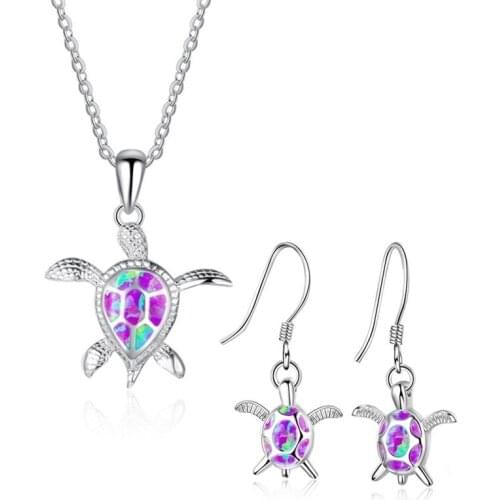Fashion Jewelry Set Cute Turtle Animal Blue Imitation Fire Opal Necklaces With Earrings Charm Statement Girl Gift