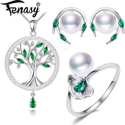 FENASY 925 Sterling Silver Emerald Jewelry Sets Natural Pearl Stud Earrings Bohemian Pendant Necklace Women Green Stones Ring