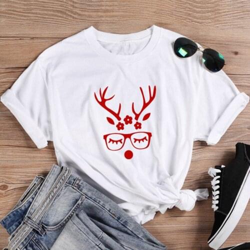 Red Christmas Deer Printed Tshirt Merry Christmas Womens Cartoon Cute T-shirt Girls Ladies Funny Holiday Gift Tops