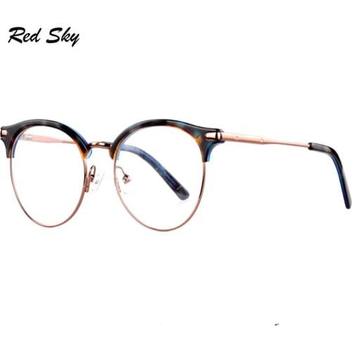 Round Metal Optical Glasses Frame Women Acetate Tortoise Eyeglasses Prescription Myopia Presbyopia Spectacles Semi-Frame