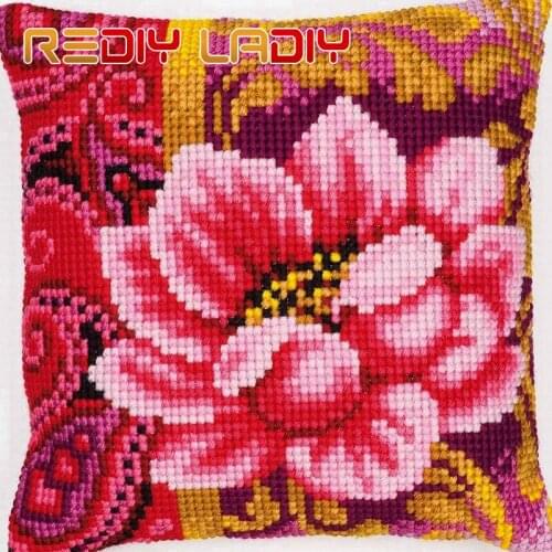 LADIY Cross Stitch Patterns PINK ROSES Pillow Cover DMC Printed Cross-Stitch Set Cushions for Sofas Home Decorative Pillow Case