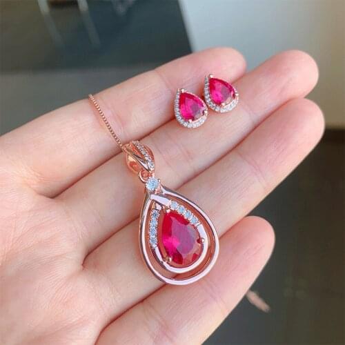 Megin D Rose Gold Luxury Zircon Crystal Red Stone Vintage Boho Pendant Collar Chains Necklace Stud Earring Jewelry Set for Women
