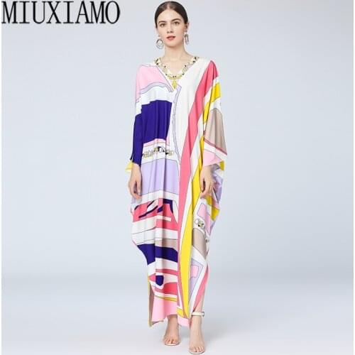 MIUXIMAO 2021 Bohemian Plus Size Dress V-neck Batwing Sleeve Maxi Dress Women Elastic Silk Floor Length New Fashion Kaftan Dress