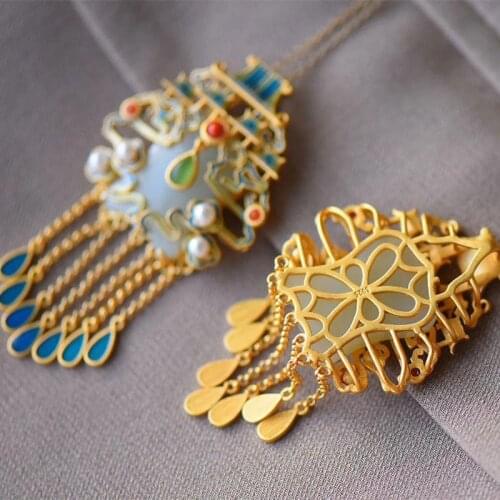 Natural Hetian Jade White Jade Chinese Style S925 Silver Inlaid Nantianmen Court Retro Style Cloisonne Tassel Pendant