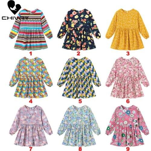 New 2020 Spring Autumn Girls Floral Print A-line Dress Kids Baby Girls Long Sleeve O-Neck Princess Dresses Children Clothing