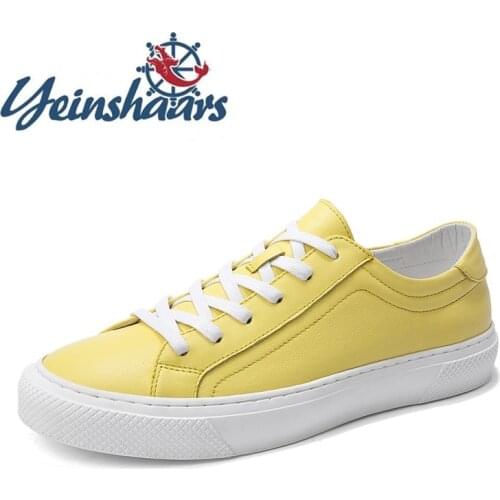 2020 New Men Shoes Leather Sneakers Walking Shoes Fashion Casual Footwear Lace-up Solid Male Comfortable Flats Yellow White Shoe