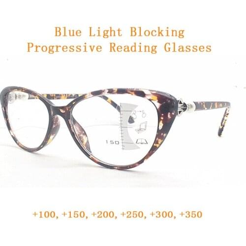 TR90 Women Cat Eye Progressive Reading Glasses Magnifier Men Look Near Far Presbyopic Spectacles Blue Light Blocking Eyeglasses