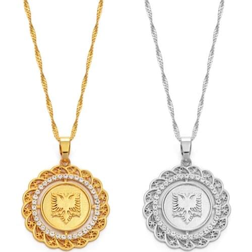 Anniyo Round Albania Eagle Pendant Neckalces Gold Color Charms Coins Jewelry Traditional Albanian Ornaments #231506