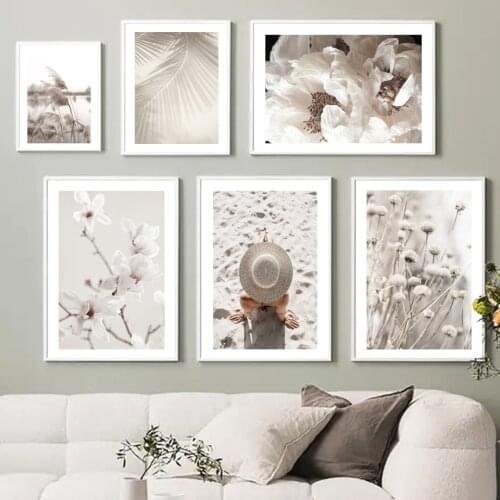 Beach Girl Waves Flower Beige Reed Grass Palm Leaf Wall Art Print Canvas Painting Nordic Poster Decor Pictures For Living Room