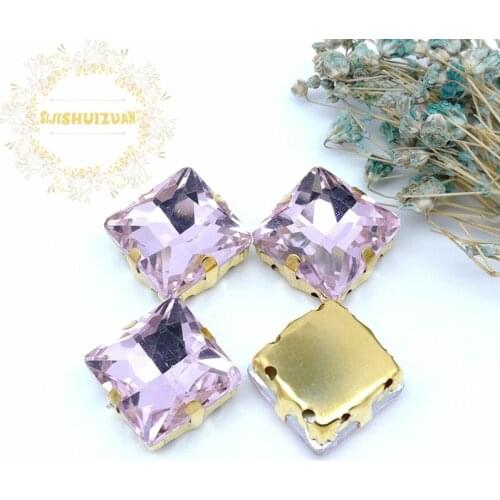 Pink Square Crystal Glass Sewing Rhinestones with gold Claw Rhinestones for Diy wedding Dress and Bags