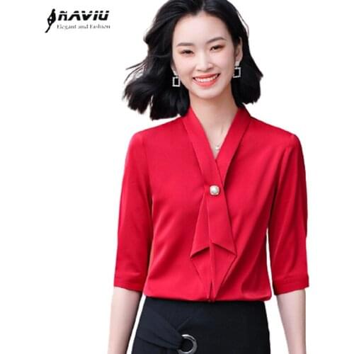 Red Half Sleeve Shirt Women Casual Summer New Streamer Fashion Formal V Neck Chiffon Blouses Office Ladies Temperament Work Tops