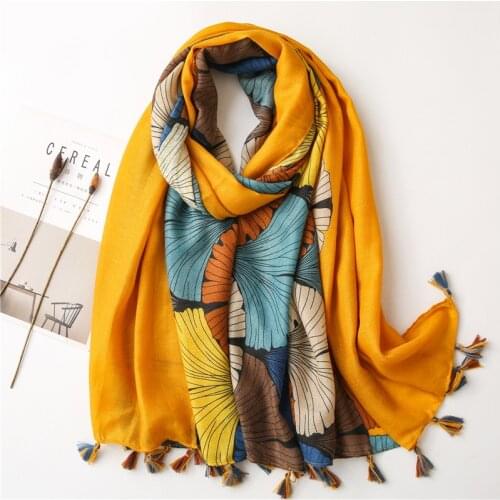 2021 Spring Scarf Women Ginkgo Leaf Printed Shawls And Wraps Luxury Casual Scarves Tassel Fashion Designer Hijab Yellow Foulards