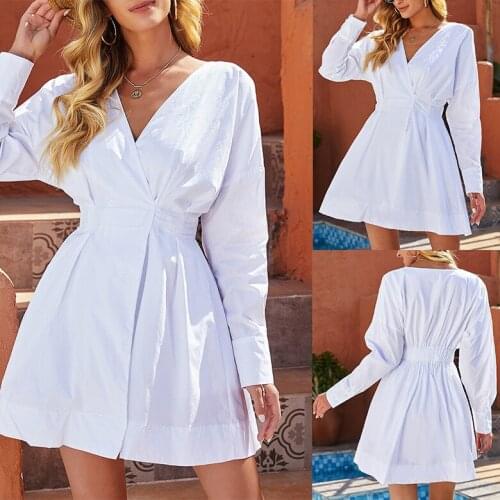 2021 autumn new solid color temperament commuter dress waist Pullover white cotton A-line skirt