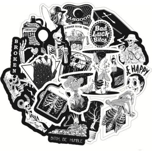 10/30/50 PCS Black and White Horror Skull Graffiti Motorcycle Waterproof Notebook Sticker Decorative Toy Wholesale