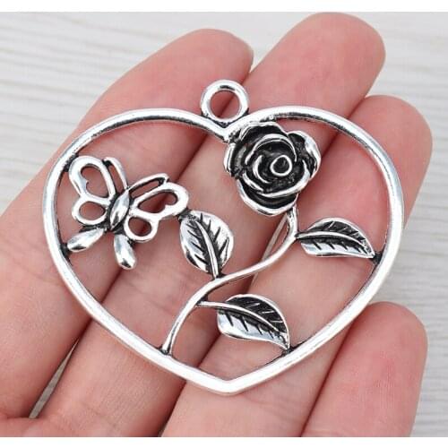 6 x Hollow Open Rose Flower Butterfly Heart Charms Pendants For Necklace Jewelry Making Findings 47x54mm