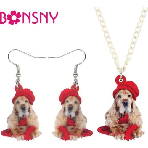 Bonsny Acrylic Christmas Hat Cocker Spaniel Dog Jewelry Set Necklace Earrings Animal Decoration Jewelry For Women Girl Accessory