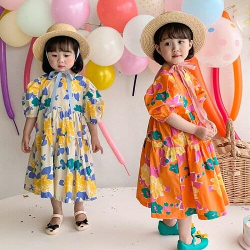 Kids Clothes Girls Summer Dress 2021 Toddler Puff Sleeve Floral Princess Dress 100% Cotton Children Dresses Vestidos 18M-7Y