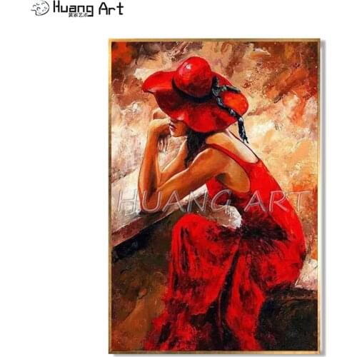 Elegant Lady Portrait Painting on Canvas Hand-painted Modern Red Hat and Dress Women by the Window Figure Oil Painting for Decor
