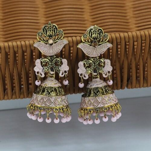 Indian Jhumki Jhumka Earrings for Women Boho Pink Green Beads Ethnic Piercing Statement Earrings Vintage Afghan Party Jewelry