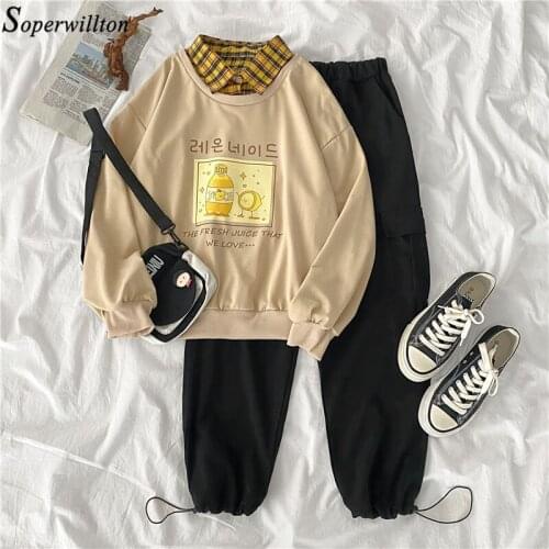 2 pcs Set Sweatshirt + Cargo Pants Women Suit Set Long Sleeve Print Pullover Tops Trouser Set Harajuku Patchwork Spring Autumn