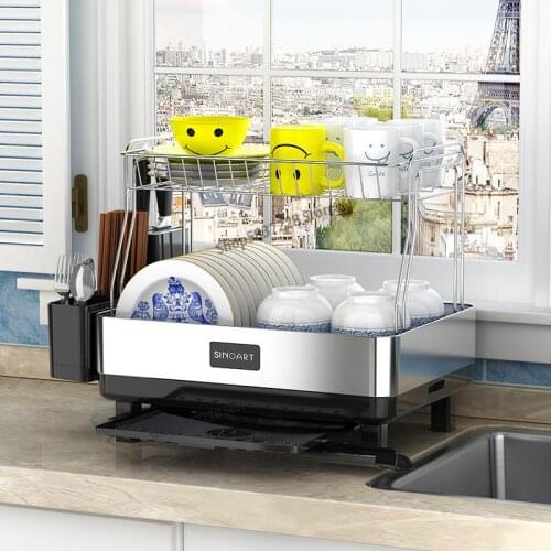 Kitchen countertop double dish rack drain rack stainless steel multi-function sink rack put bowl put chopsticks storage