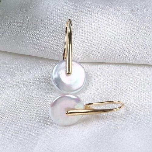 New Arrival Real Cultured Freshwater Coin Pearl Earrings Golden Hook Dangle Earrings For Women Gifts