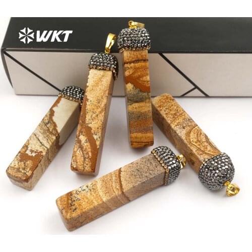 NP361 New Arrivals Rectangle Shape Pendant Natural Picasso Stone With Cubic Zirconia Pave In Top For Trendy Women Jewerly Making