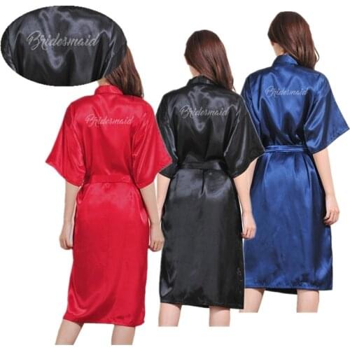 Wholesale Bridesmaid Letter Rhinestones Women Pure Color Long Satin Silk Robes Kimono Nightgown Bride Spa Party Bathrobe T37