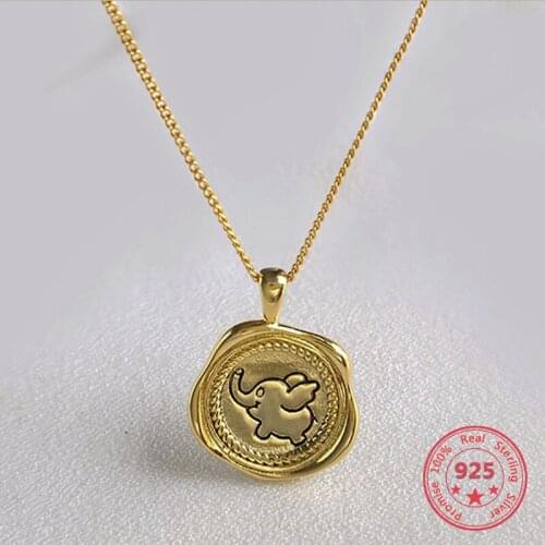 Silver 925 Cute Trendy Round Golden Cartoon Elephant Pendant Necklace Women Jewelry
