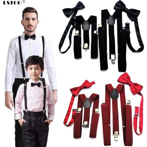 Unisex Parent-Kids Suspenders Bow Tie Set Adjustable Elastic Suspender Braces Bowtie Sets Solid Color Family Wedding Party Gift