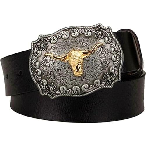 Male genuine leather belt American West cowboy cow head pin buckle cowhide belt men gift
