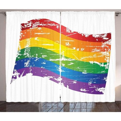Vintage Rainbow Kitchen Curtains Grunge Style Gay Pride Flag LGBT Community Themed Antique Rainbow Stripes Window Decor Panel