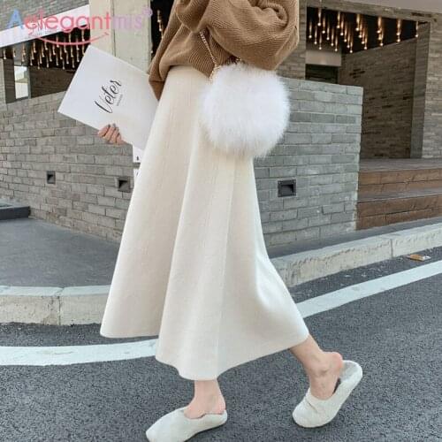 Aelegantmis Korean Casual Loose Knitted Skirt Women Soft Thick Warm Elastic High Waist Skirt Female A Line Vintage Skirt 8 Color