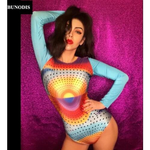 ZD288 Women Sexy Bodysuit Long Sleeve 3D Printing Jumpsuit Nightclub Birthday Party Fashion Bling Costumes