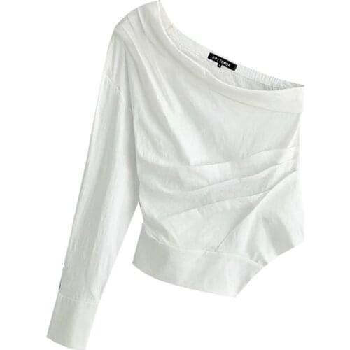 2021 New Women Fashion One Shoulder Cropped Blouses Vintage Asymmetry Neck Long Sleeves Female Shirts Chic Tops