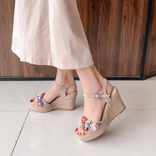 Woman Flower wedge Platform Casual Sandals Genuine Leather Sandals Lady Summer Sexy High Heel Sandals Chaussures Femme size33-42