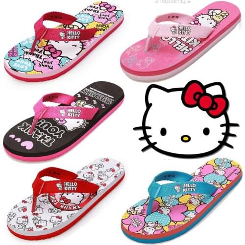 Kawaii Y2k Girls Sanrio Hello Kitty Pink Slippers Flip Flops Outdoor Slides Ladies Mules Shoes Za Woman Flats Zapatos De Mujer