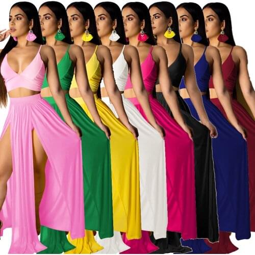 2021 New Summer Ladies Fashion Sexy Deep V-Neck Halter Vest Solid Color Forked Stretch Waist Swing Dress Two-Piece Set