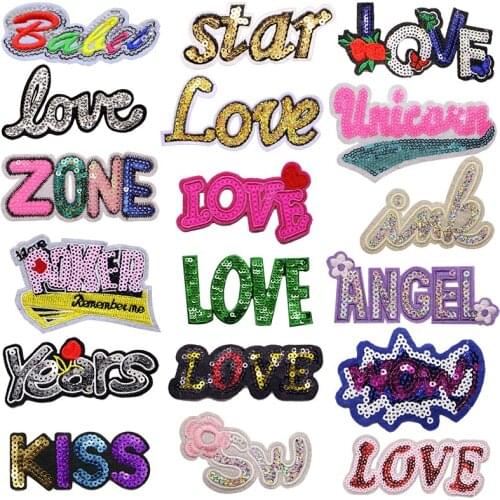 Gold Silver Color Sequin Letter Popular Sentiment Love Embroidery Patch Stripe Ironing Clothing Sewing Patch Clothing Bag Badge