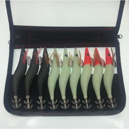 9Pcs/Bag Squid Jigs Lure Bag Wooden Shrimp Hook Artificial Octopus Cuttlefish Bait 3.5# 3.0# 2.5# Fishing Lures Lot