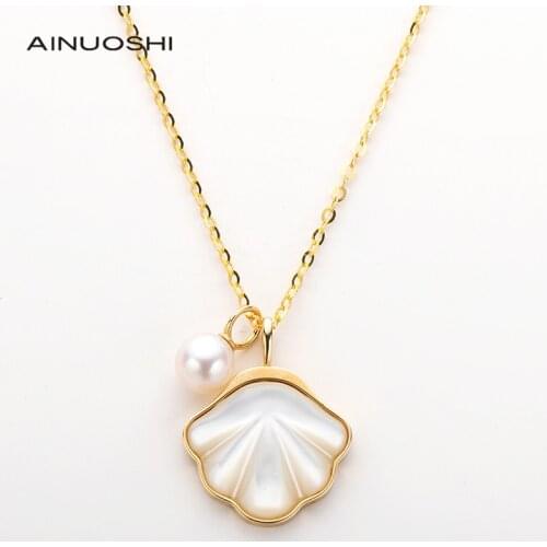 AINUOSHI 18K Rose Gold Natural Pearl Shell Shape Cultured Freshwater Boho Statement Pendant Necklace For Women Jewelry Gift 18