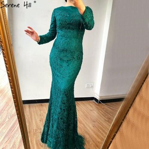 Dubai Green Mermaid Long Sleeves Evening Gowns 2020 Pearls Crystal Sexy Formal Dress Serene Hill LA6274 Plus Size