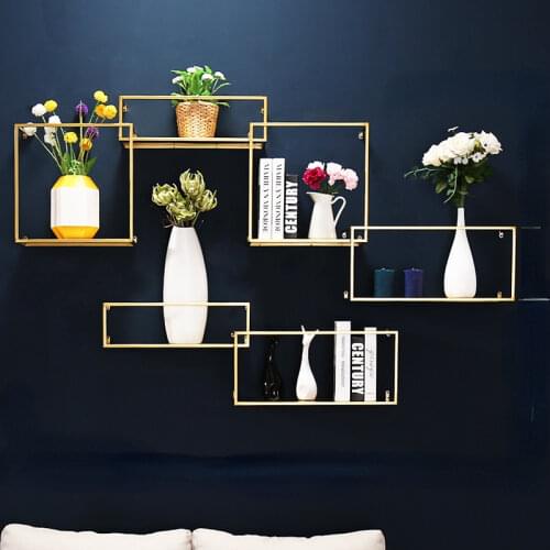 Square wrought iron bracket Nordic wall-mounted router storage rack Nano Gold craft TV background decoration rack high surface g