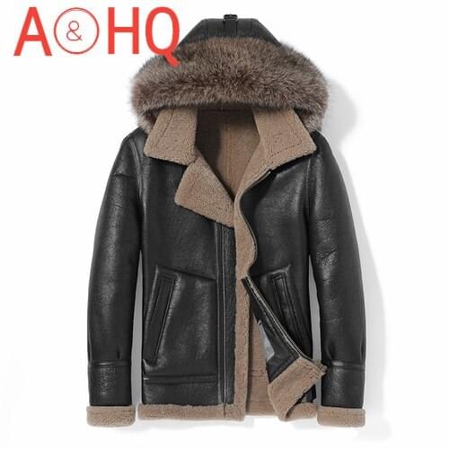 Natural Sheep Shearling Jacket Men Hooded Real Fur Coat Vintage Mens Clothing Raccoon Dog Fur Collar 2021 Veste Homme