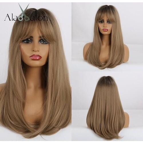 ALAN EATON Long Straight Ombre Black Brown Honey Bob Wigs with Bangs Womens Synthetic Wigs Heat Resistant Cosplay Llita Wigs