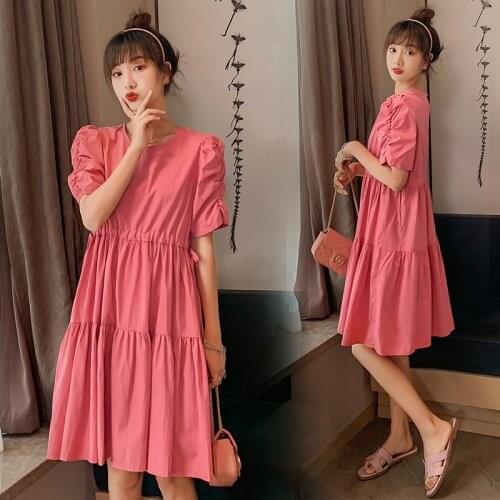 9125# Maternity Dress Summer Cotton pleated Solid Color Short Sleeve Loose Stylish Dress for Pregnant Women Mom Dress