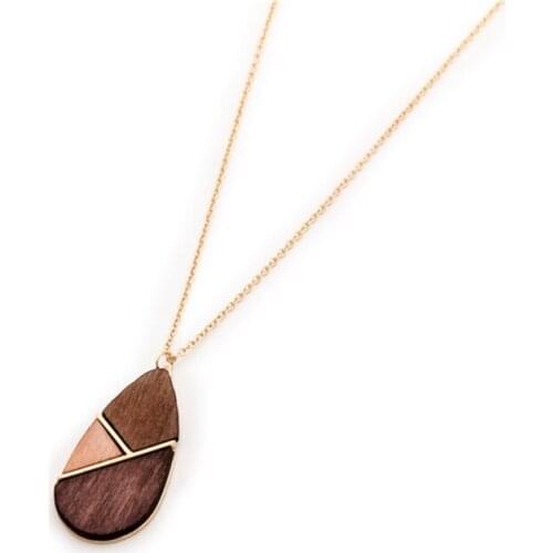 Dropshipping New Arrival Wooden Necklace Long Golden Chain Women Geometric Multi Color Teardrop Pendant Sweater Necklace