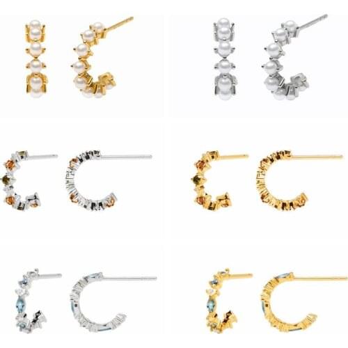 925 Silver Ear Needle C-Shape Crystal Pearl Pendientes Stud Earrings For Women Birthday Gift European and American Fine Earrings