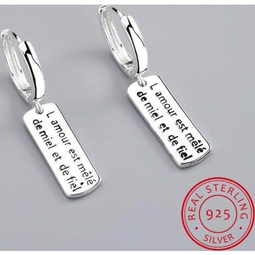 Simple Rectangle English Letter Long Hoop Earrings For Women 925 Sterling Silver Earring Fine Jewelry
