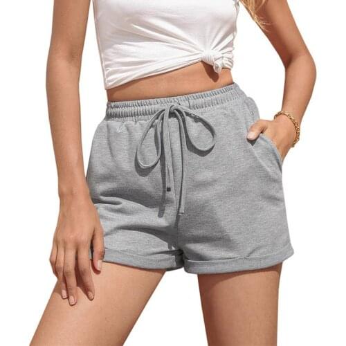 Summer Casual Women Girls Loose Shorts High Waist Folded Shorts Ladies Elastic Waist Cuffs Solid Women Lace-up Shorts